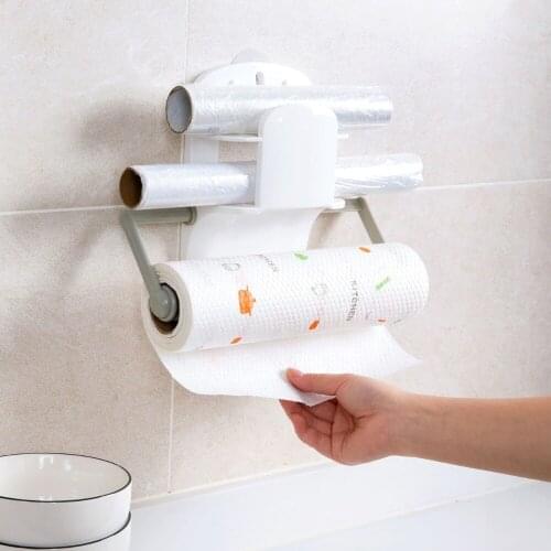 Wall Punch Free Paper Towel Holder Napkin Shelf Kitchen Roll Paper Storage Rack Plastic Wrap Hanger