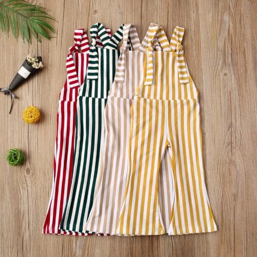 Fashion New Summer Toddler Infant Kids Baby Girls Rompers Overalls Backless Sunsuit Bell Flare Long Pants Striped Girls Sunsuit
