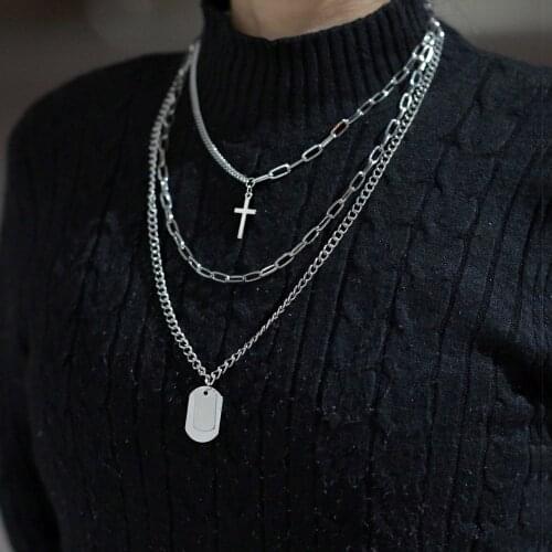 Men Cross Pendant Necklace Fashion Multi-layer Curb Long Chain Women Punk Party Hip Hop Jewelry Trendy Sweater Necklace Gifts