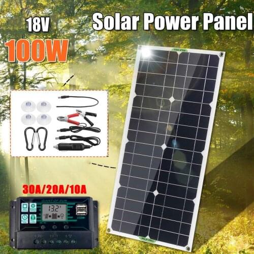100W 18V Protable Solar Panel Kit Dual USB Port With 30A Solar Charge Controller Monocrystalline Module Car Yart Battery Charger