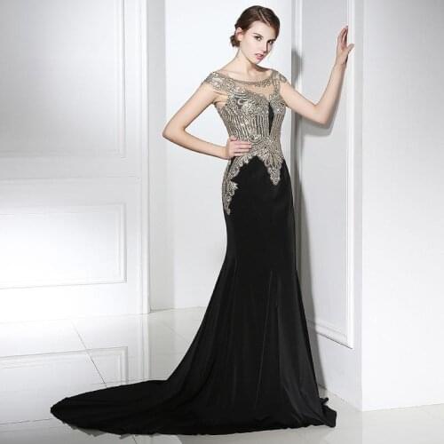 2021 Luxury Sheath Off Shoulder Long Evening Dresses Sexy Sheer Bodice Crystals Mermaid Party Dress Prom Gowns Floor-Length 008