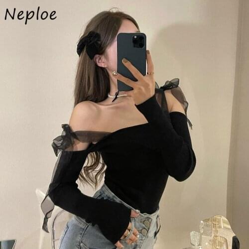 Neploe Sexy Slash Neck Strapless Shoulder Pullover Sweater Women Pullover Long Sleeve Slim Fit Solid Tees Spring 2021 New Top
