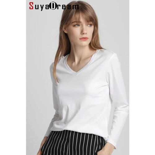 SuyaDream Women Solid T shirts Cotton and Silk mix Plain O neck Long Sleeved Shirts 2020 Autumn Winter Basic Top