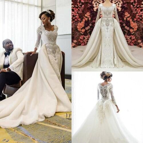 African Mermaid Wedding Dresses Detachable Skirt Lace Appliques Beaded Crystal Luxury Bridal Gowns Long Sleeve Wedding Dress