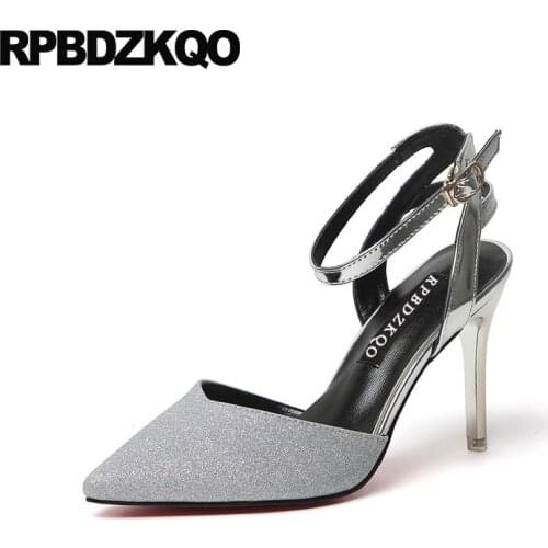 Ankle Strap Gold Wedding Shoes Dress Sandals Pumps Glitter Pointed Toe 3 Inch Bride Slingback Medium Heels High Celebrity Thin