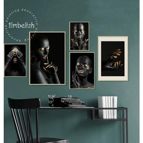 Embelish Quality Black African Nude Woman Golden Lips HD Print On Canvas Paintings For Living Room Home Decor Wall Art Pictures