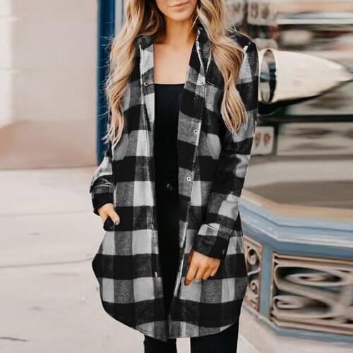 Plaid Jacket Women Casual Pockets Long Jackets Autumn Winter Loose Long Sleeve Tops Jacket Coat Lady Elegant