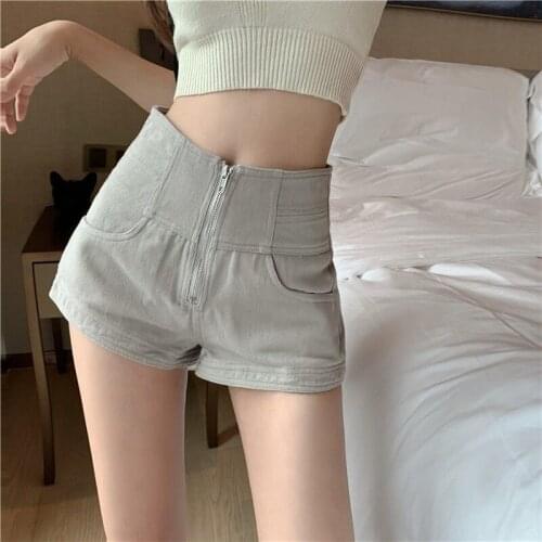 Female Summer Clothes 2021 Korean Fashion Denim Shorts Women Solid Wide Leg Zipper High Waist Slim Vintage Short Jeans Y880