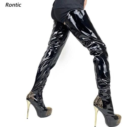 Rontic Handmade Women Winter Platform Thigh Boots Studs Side Zipper Stiletto Heels Round Toe Black Night Club Shoes US Size 5-20