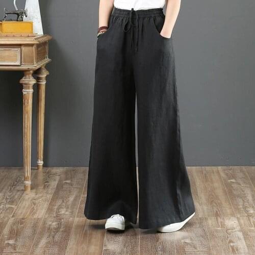 AECU Women Tie Wide Leg Pants Linen Female High Waist Plus Size Casual Ladies Culottes Trousers Solid Color Pantalones Pants