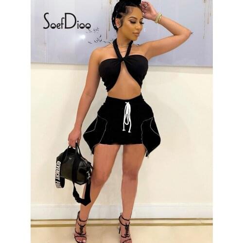 Soefdioo Women Irregular Skirt Suits Halter Crop Top and Side Zipper Pockets Skirt 2 Piece Sets Summer 2021 Sexy Party Clubwear