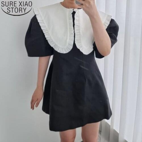 Korean Chic Women Dress 2021 Summer Short Puff Sleeve Casaul Mini Dress Back Zipper Big Peter Pan Collar Sweet Dresses 14662