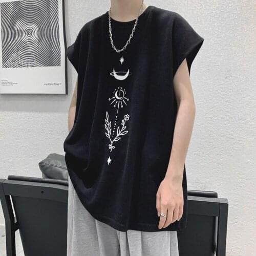 #1516 Black Gray White Summer Men Vest Korean Streetwear Casual Loose Sleeveless Jacket Basic Tops Sweatshirt Print O Neck