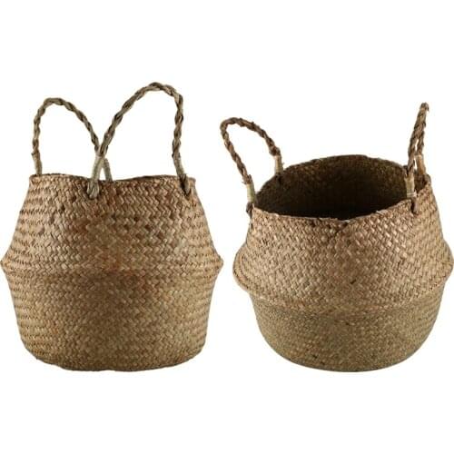 2 Pcs Seagrass Wickerwork Basket Rattan Foldable Hanging Flower Pot Planter Woven Dirty Laundry Hamper Storage Basket Home Decor