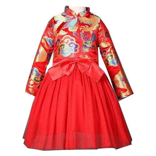 2020 baby girls Chinese dragon embroidered new year cheongsam dress