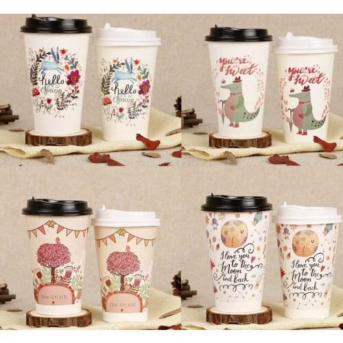 50pcs High quality cartoon paper cups 500ml disposable coffee cup birthday festival party favors tea drinking cups with lids