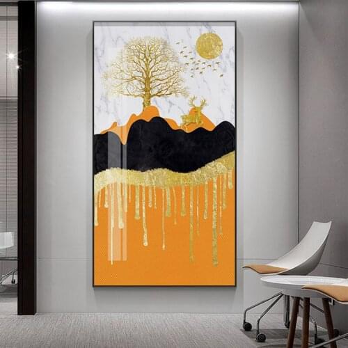 Abstract Mountain With Light Gold Effect Canvas Painting Modern Art Wall Picture for Living Room Home Decoration posters deer