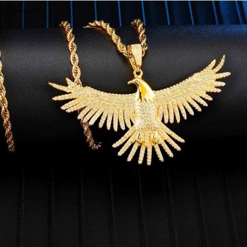 Hip Hop Full Iced Out Bling Gold Eagle /Lion Head Rhinestone Rope Chain Stainless Steel Pendants & Necklaces For Men Jewelry