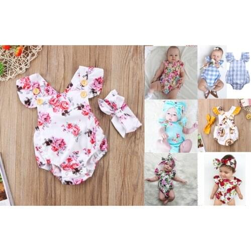 DHL 50set Fashion Summer Baby Girls Clothing Cute Girls Floral Romper Headband 2pcs Chlidren Kids Sunsuit Set Adorable Clothes