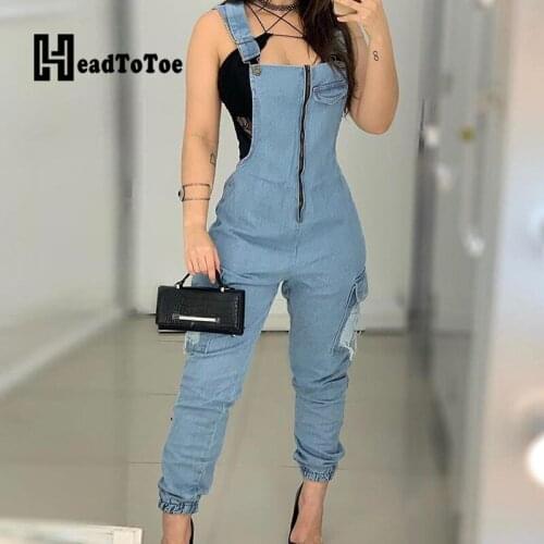 Zipper Front Denim Romper Overalls Thick Strap Women Casual One Piece Jumpsuits