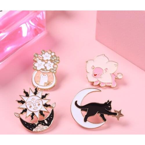 Cartoon Cute Animals Cats Dinosaurs Enamel Brooches Sun Moon Goddess Plants Potted Plants Flowers Alloy Pins Sweet Jewelry Gift
