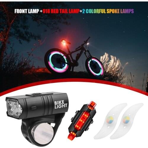 USB Rechargeable Bike Light Flashlight Rainproof 2xT6 Modes LED Bicycle Set Charging Front+Rear+Spoke Lamp Warning Flashligh