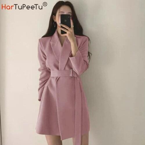 French Pink Blazer Coat Dress Women Spring Autumn 2021 Long Suit Jacket With Belt Slim Fit Korean Style Top 4 Colours Outwear