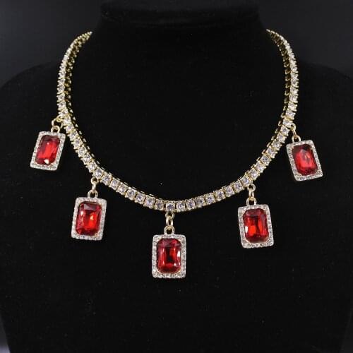 Iced out bling red stone charms 1 row tennis chain gold silver color butterfly pendant choker women jewelry hip hop necklace