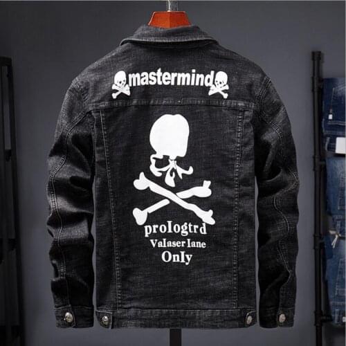 Men Black Denim Jackets Skull Jeans Coats New Spring Autumn Fit Jeans Jackets Slim Denim Coats Solid Casual Jeans Jackets 3XL