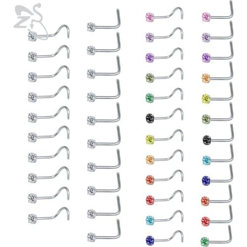 ZS 8-14pcs/lot Stainless Steel Nose Stud Set 2MM Colorful CZ Crystal Nose Piercings Screw L Shape Nostril Piercings Jewelry 20g