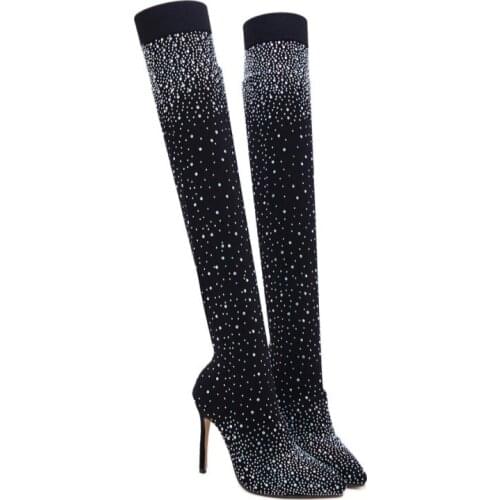 Socks Knee high boots high heel womens rhinestone pointed toe knee boots women thigh high boots boots women