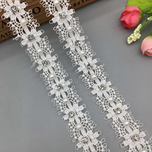 1 Yard White Pearl Beaded 3D Lace Trim Tape Lace Ribbon African Fabric Collar Wedding Dress Sewing Garment Headdress Materials