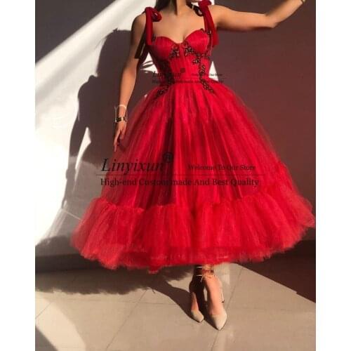 Charming Prom Dress Sweetheart A-Line Ruffled Red Mid Length Arabic Evening Gown Celebrity Party Dresses sukienki damskie