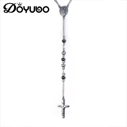 DOYUBO Antique Stainless Steel Cross Shape Jesus Christ Pendant Necklaces For Men & Women Black Pearl Religious Necklaces DC022