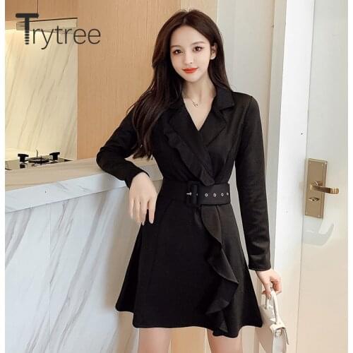 Trytree 2021 Spring Summer Womens Dress Casual Solid Notched Lapel Belt Ruffles Polyester Elegant Office Lady Mini Black Dress