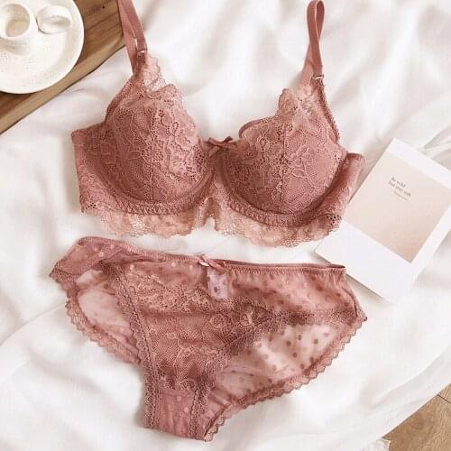 Sexy Mesh Bralette Lace Push Up Plus Size Bra Set Thin Soft Sweet Fairy Underwear Dot Bow Soft and Skin-friendly Lingerie Set