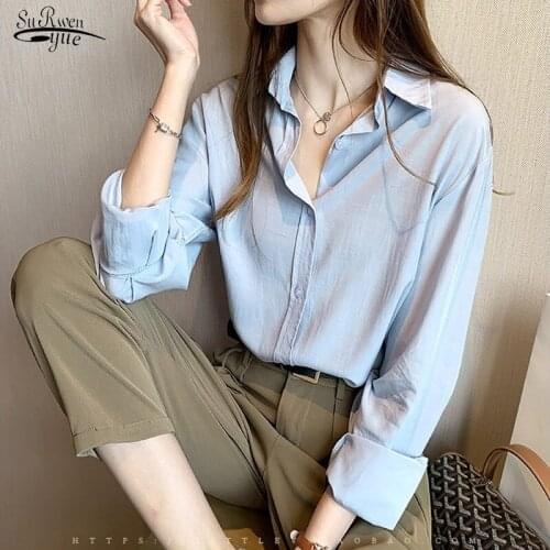 Early Autumn Shirt 2020 New Long Sleeve Turn Down Collar V-neck Chiffon Blouse Plus Size Loose All-match White Shirt Blusa 11489