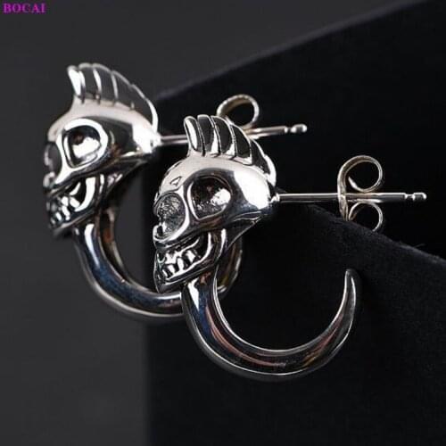 BOCAI 100% 925 Sterling Silver Earrings Fashion Classic Skull Thai Silver Jewelry Pure Argentum Punk Ear Studs For Men And Women