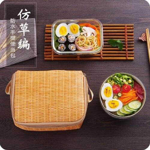 Straw Braid Lunch Box Insulation Storage Bags Waterproof Portable Picnic Handbag