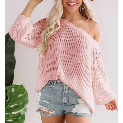 Women Summer Autumn Sweater Slash Collar Off shoulder Full Sleeve Knitted Pullover Sexy Jumpers Solid White Pink Black sweaters