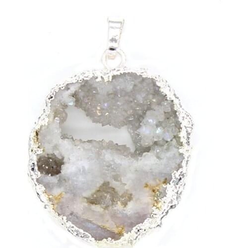 Trendy-beads Ethnic Style Silver Plated Irregular Shape Natural Rock Crystal Geode Pendant Cluster Jewelry
