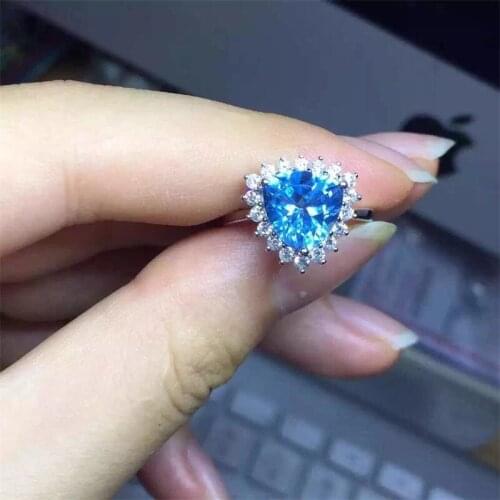 SHIQING Nature blue topaz triangle gemstone 925 sterling silver open rings for woman girls