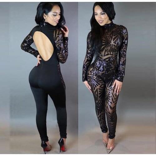Sexy Roupa Feminina Womens Backless Geometric Sequin Bodycon Jumpsuit Black Long Sleeve Night Club Wear Romper W126803