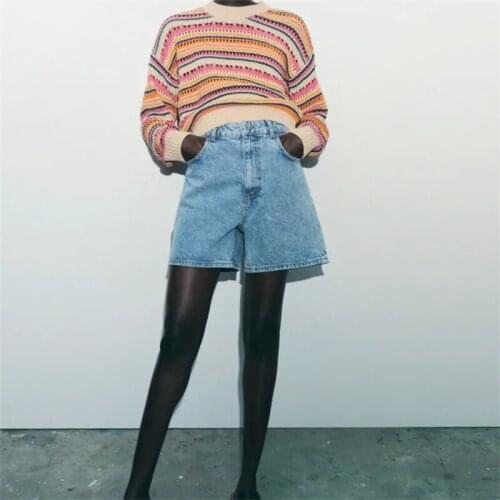 MESTTRAF Women 2021 Fashion Color Matching Loose Crop Knit Sweater Vintage Round Neck Long Sleeve Pullovers Streetwear