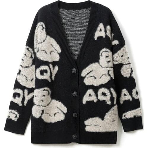 VSUE Women Black Red Sweater Knitted Bear Long Sleeve Single-Breasted V-Neck Cardigans Autumn M0288