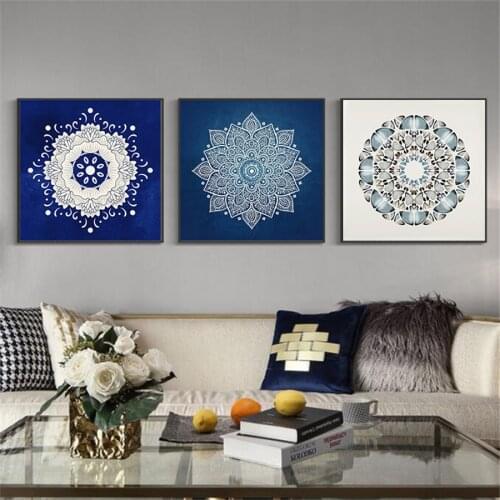 Blue White Mandala Abstract Canvas Poster Boho Wall Art Geometric Print Painting Decorative Picture Modern Living Room Decor