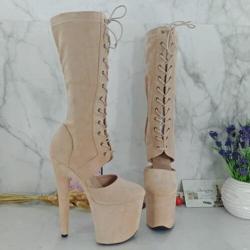 Leecabe Beige Suede 20CM/8inches Pole dancing High Heel platform Boots closed toe Pole Dance boots