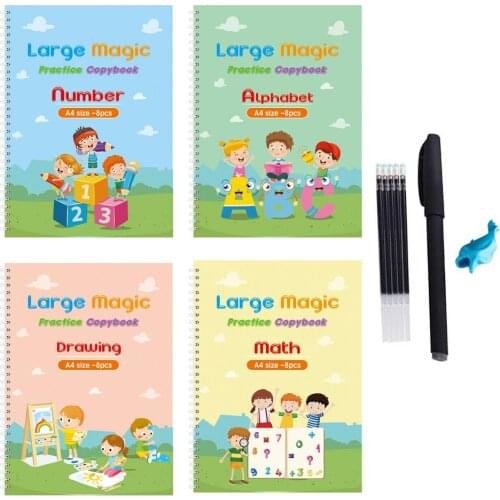Childrens Magic Books + Pen Reusable 3D Calligraphy Copybooks English Number Lettering Practice Free Wiping Toys 4 Books/Sets