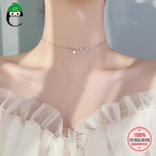 ElfoPlataSi Real 925 Sterling Silver Fashion Sweet Moon Star Shiny CZ Pendant Necklace For Women Wedding Party Jewelry DD598