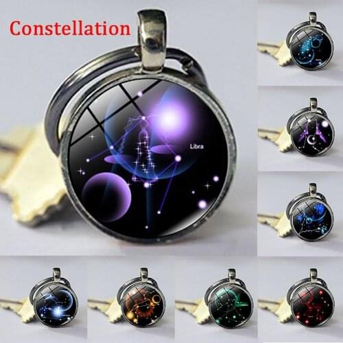 European And American Starry Sky 12 Constellation Zodiac Sign Time Gem Round Glass Car Key Ring Holder Keychain Pendant